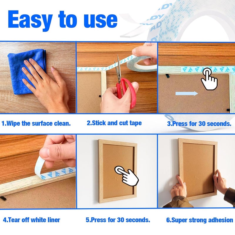 ADY Double Sided Transparent Tape Heavy Duty 1in x 20ft,Clear Picture Hanger Mounting Tape No Residue Double Sided Tape for Rent Room, Poster Stick,Office - Image 4